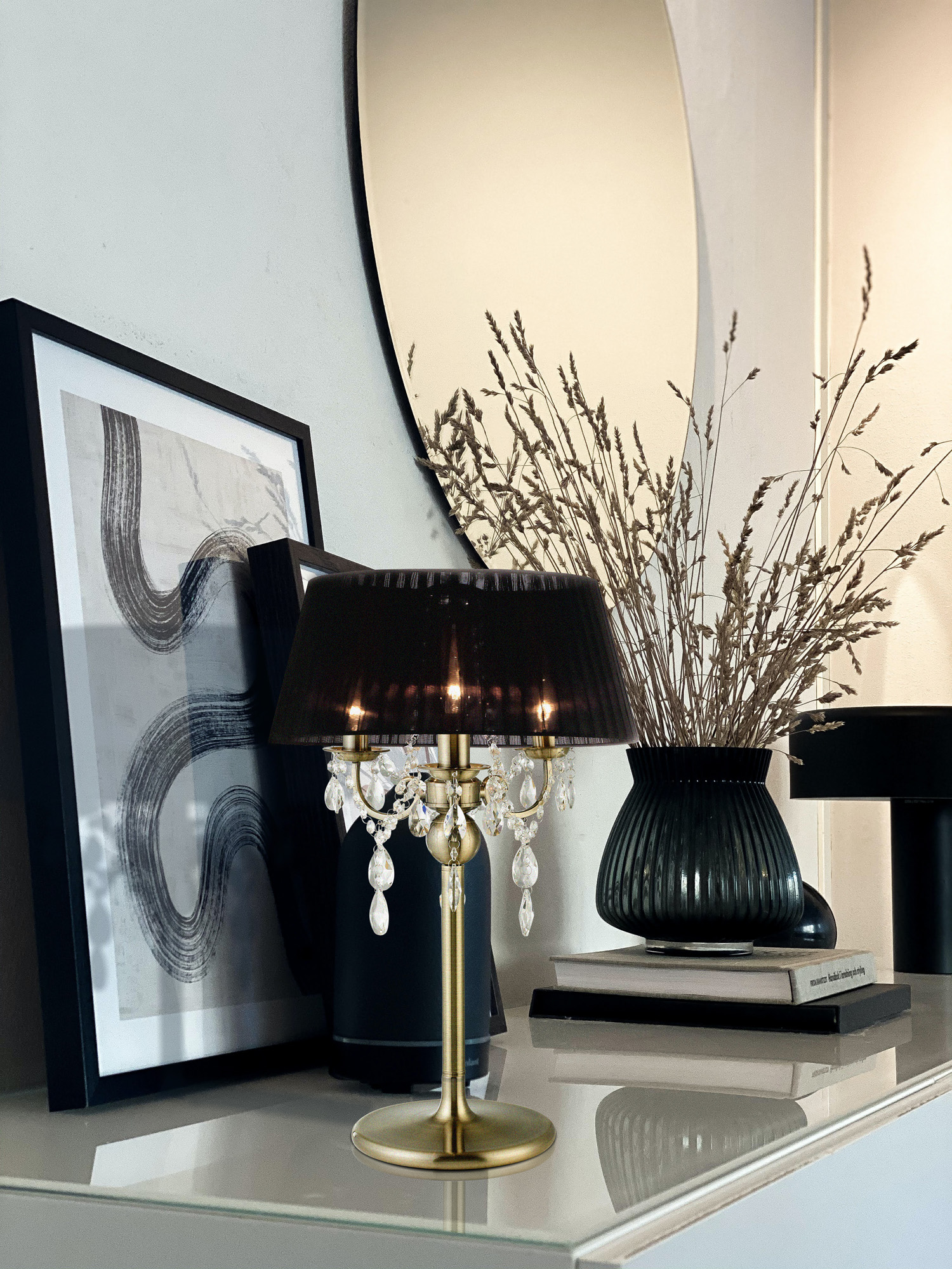 Olivia Antique Brass-Black Crystal Table Lamps Diyas Shaded Table Lamps